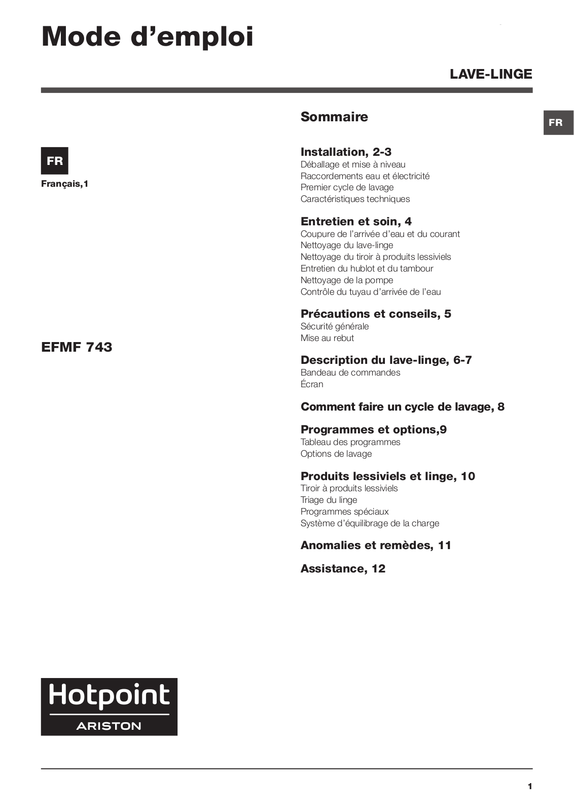 HOTPOINT/ARISTON EFMF 743 FR.M User Manual