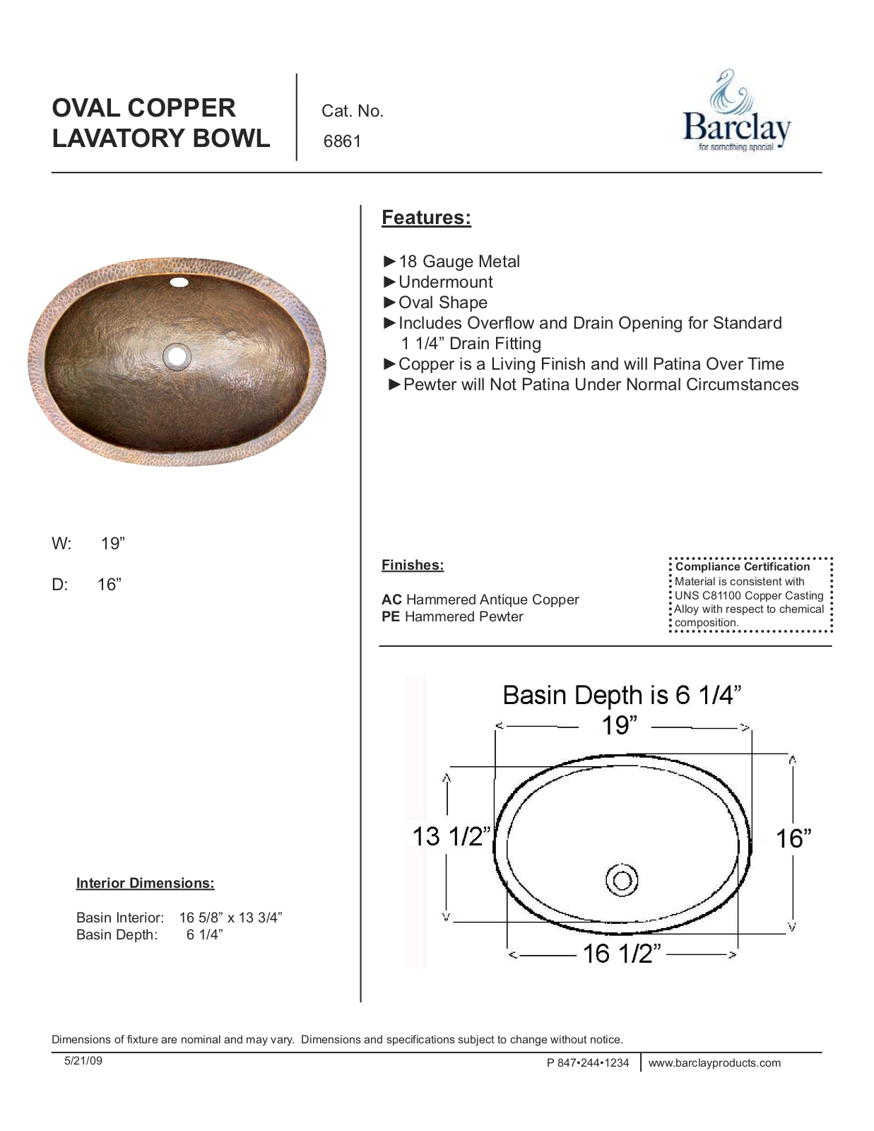 Barclay 6861PE Specifications