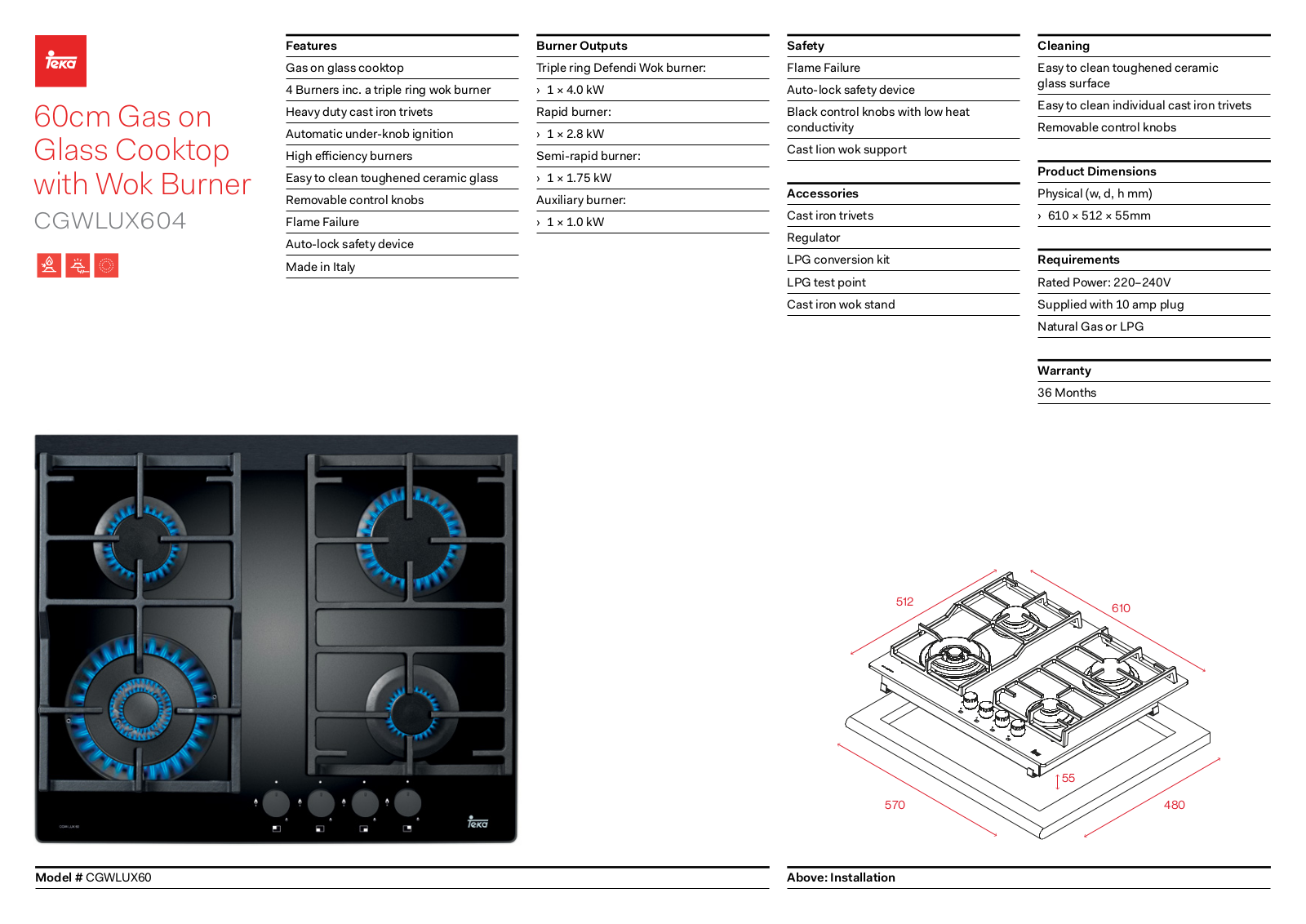 Teka CGWLUX604 Specifications Sheet