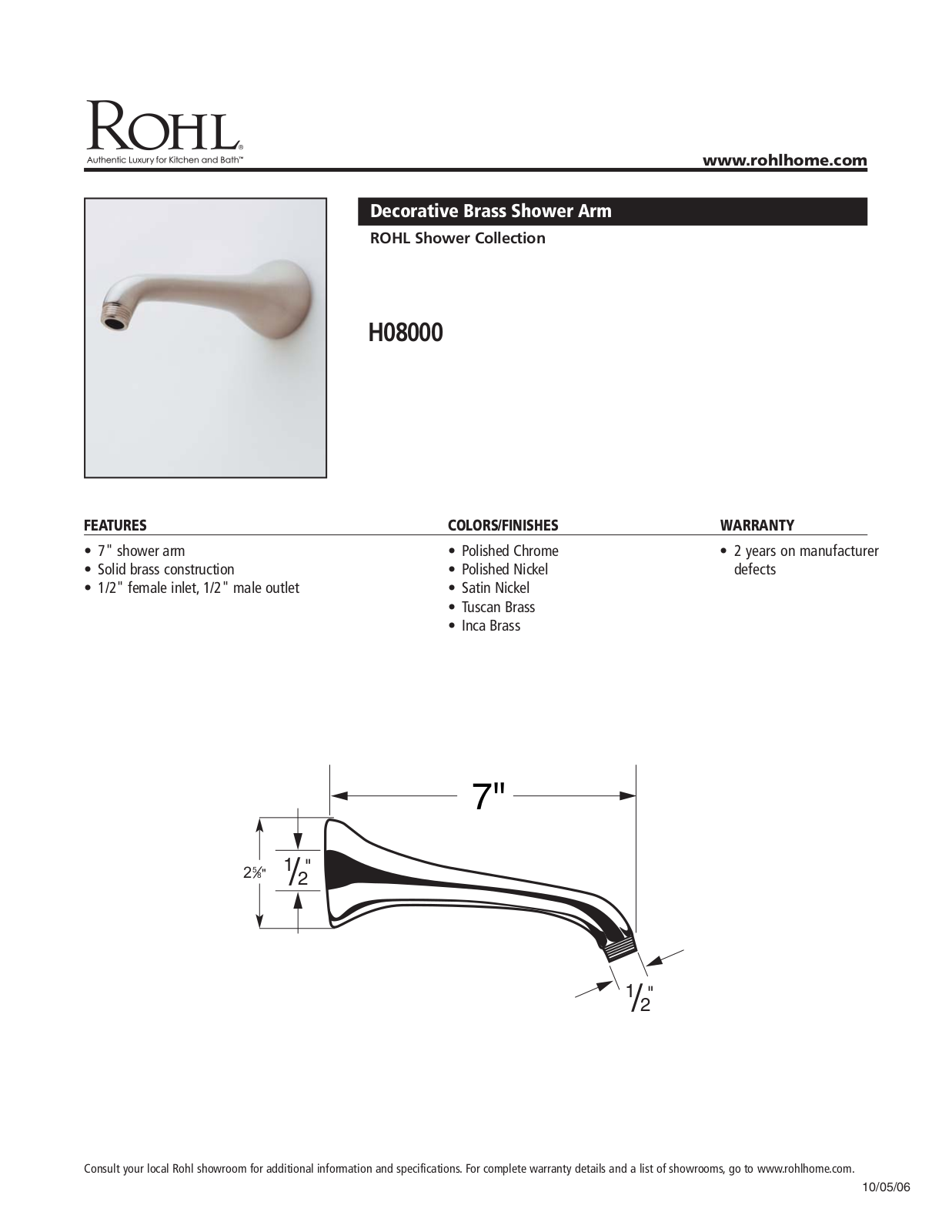 Rohl H08000SG Specifications