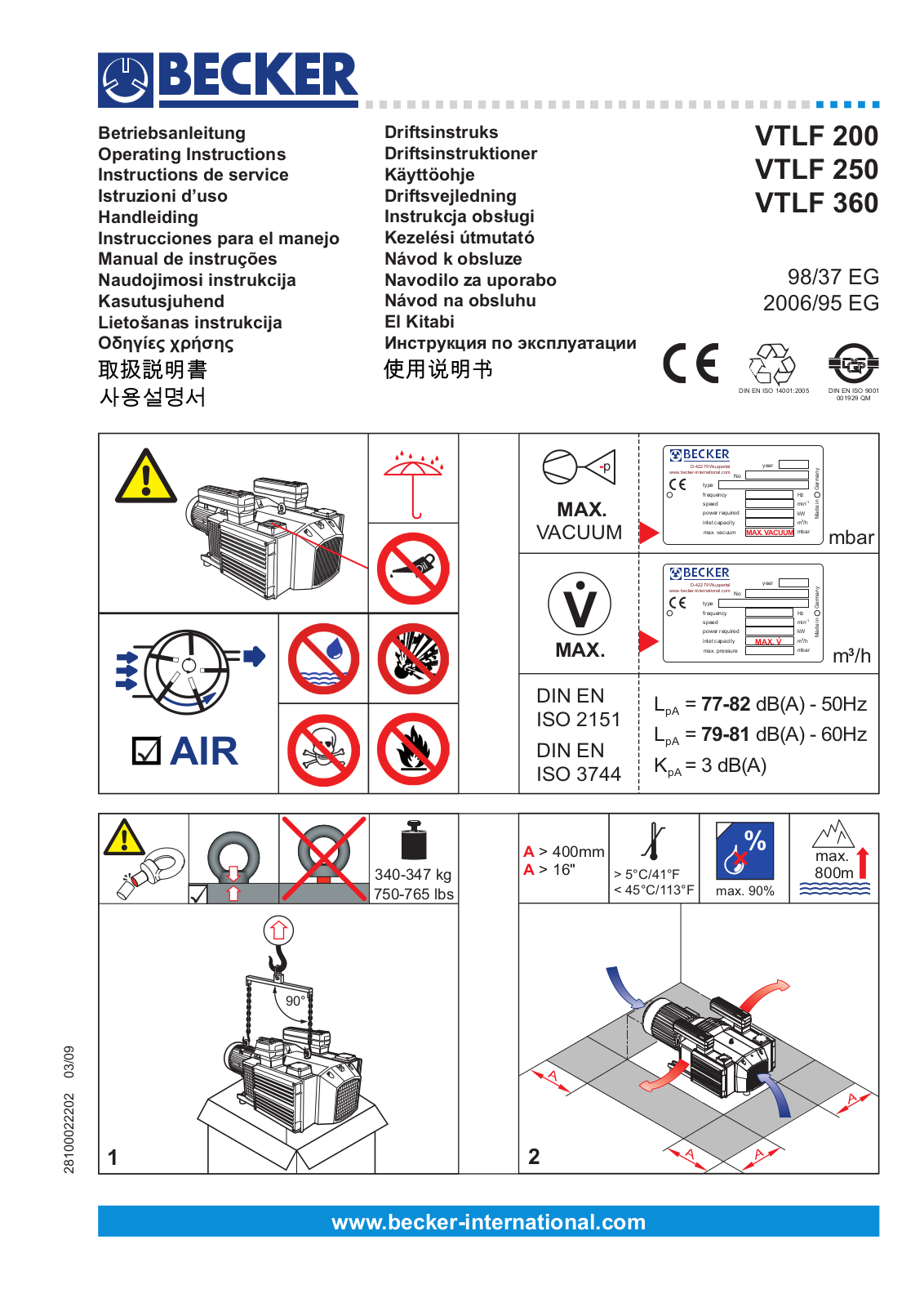 Becker VTLF 200, VTLF 250, VTLF 360 Operating Instructions Manual