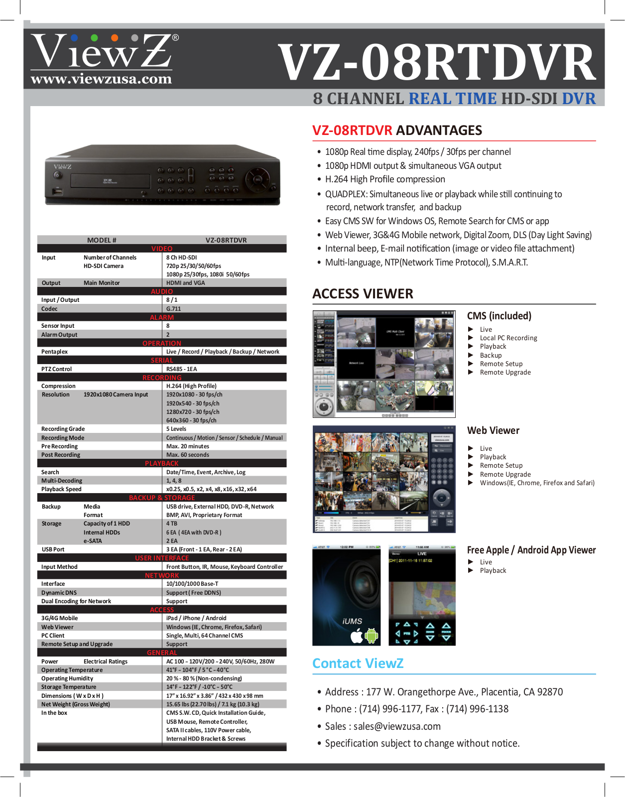 ViewZ VZ-08RTDVR-12, VZ-08RTDVR-12D, VZ-08RTDVR-16, VZ-08RTDVR-24, VZ-08RTDVR-4 Specsheet