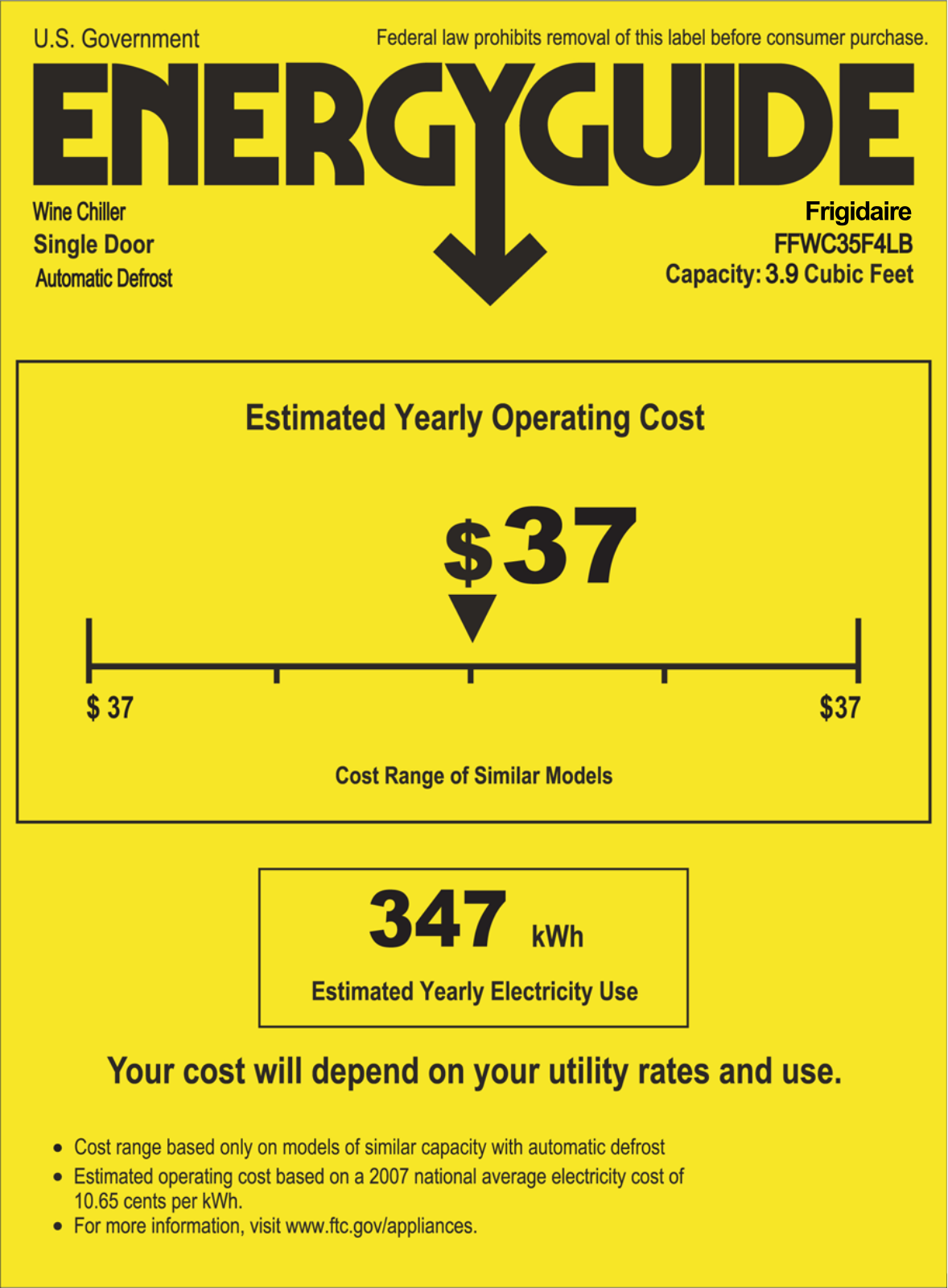 Frigidaire FFWC35F4LB Energy Guide