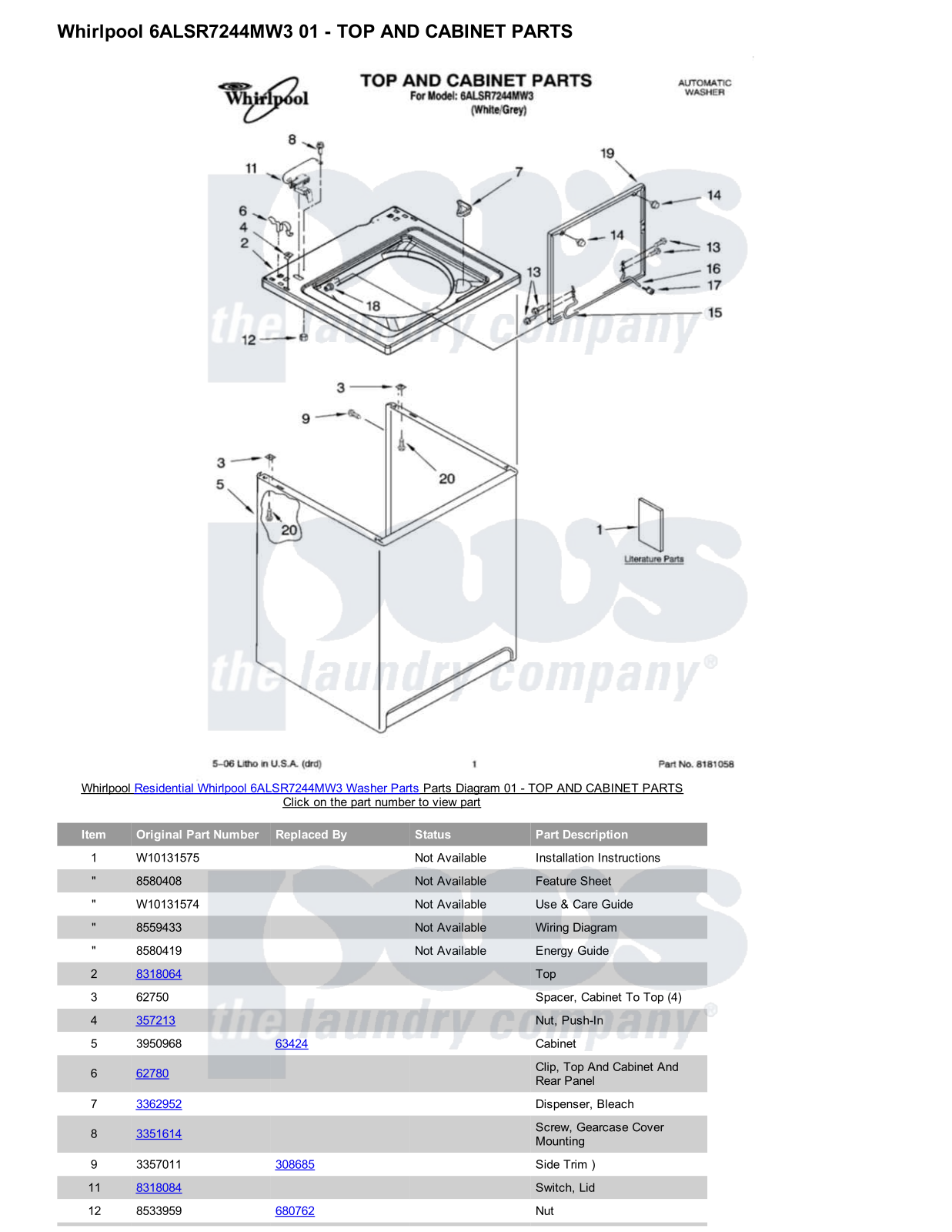 Whirlpool 6ALSR7244MW3 Parts Diagram