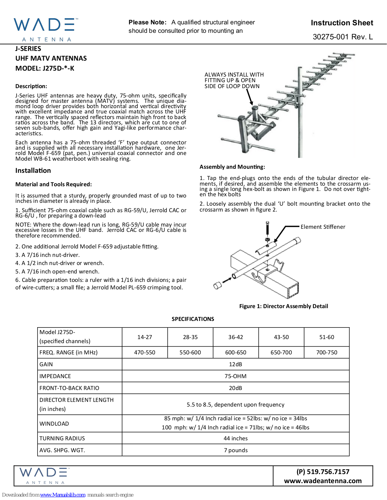 WADE Antenna, Inc. J275D-*-K Instruction Sheet