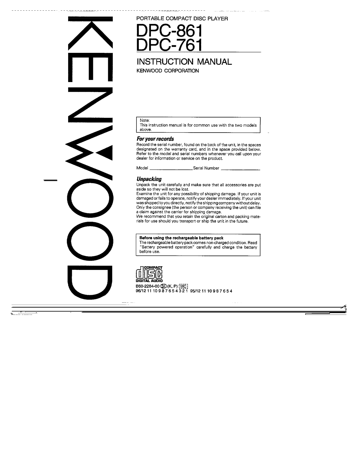 Kenwood DPC-761, DPC-861 Owner's Manual