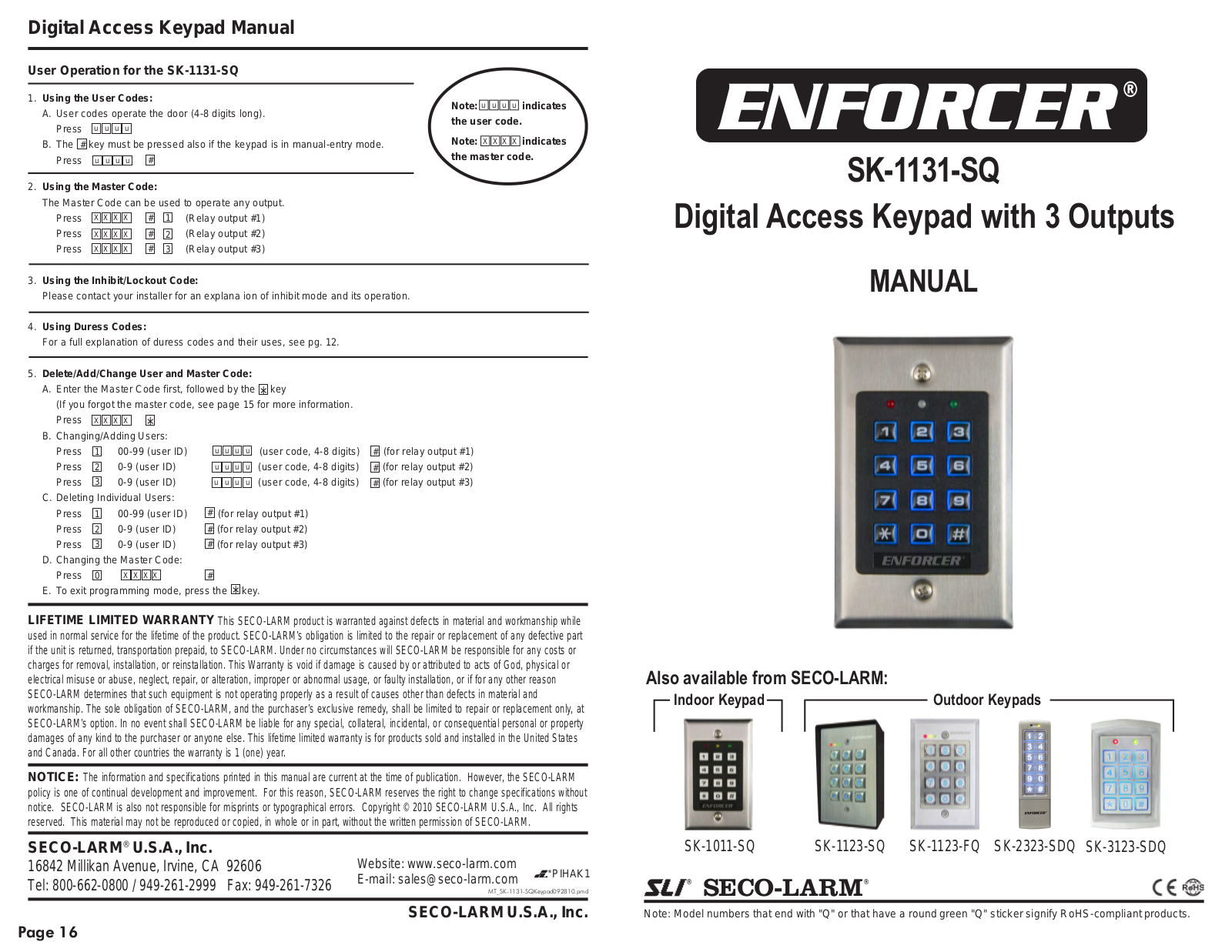 SECO-LARM USA SK-1131-SQ User Manual