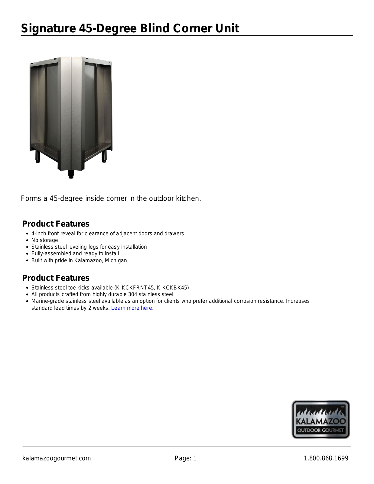 Kalamazoo Outdoor Gourmet K-45-CRNR-M6 Specifications Sheet