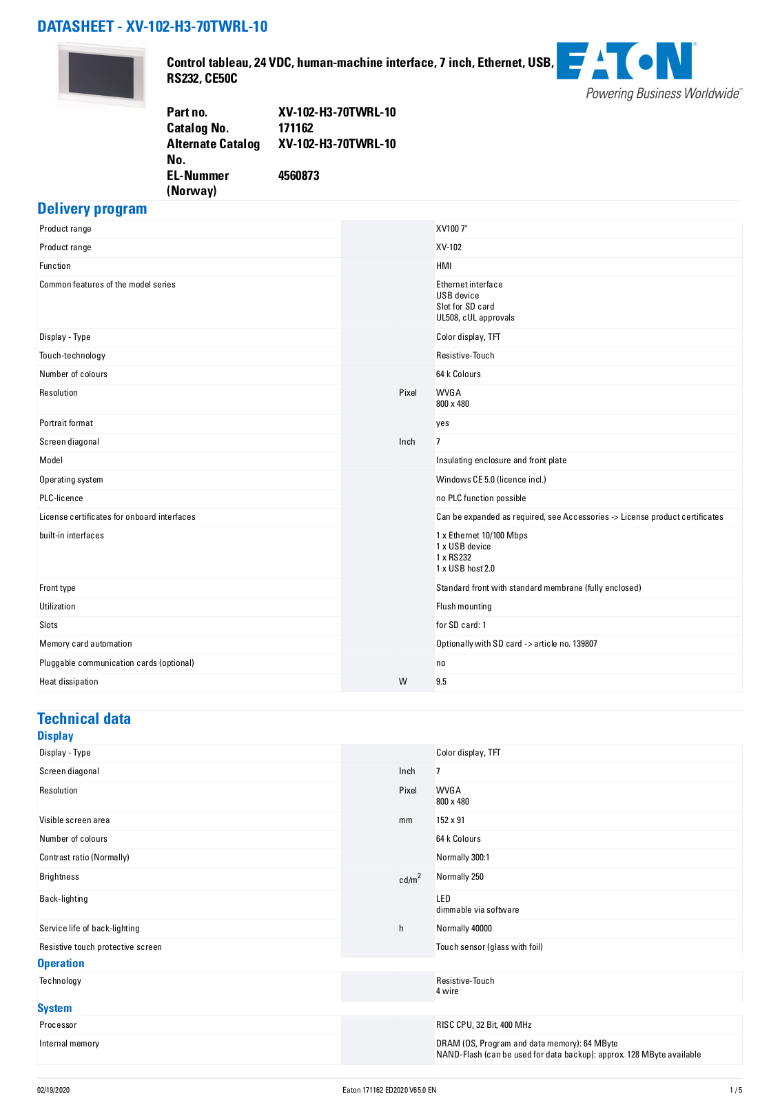 Cutler Hammer, Div of Eaton Corp XV-102-H3-70TWRL-10 Data Sheet