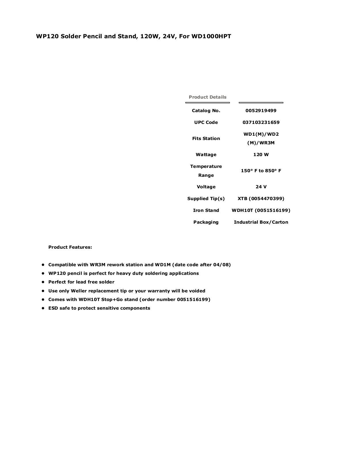 Weller - Apex Tool Group 0052919499 Data Sheet