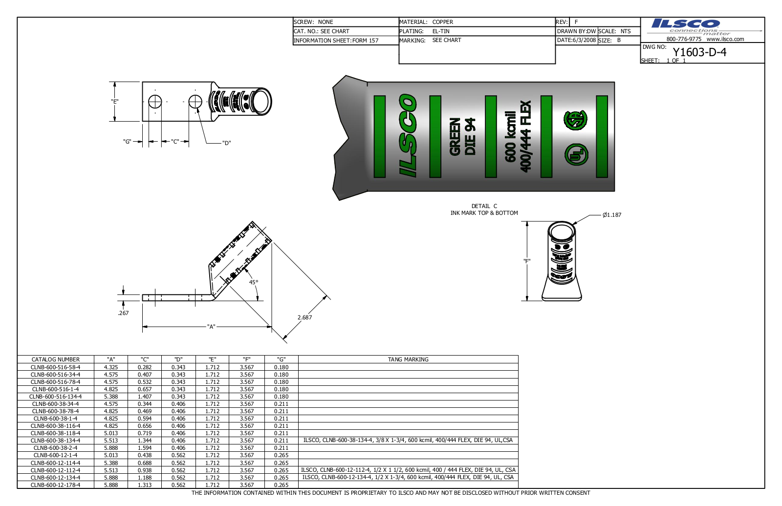 Ilsco CLNB-600-12-134-4 Data sheet