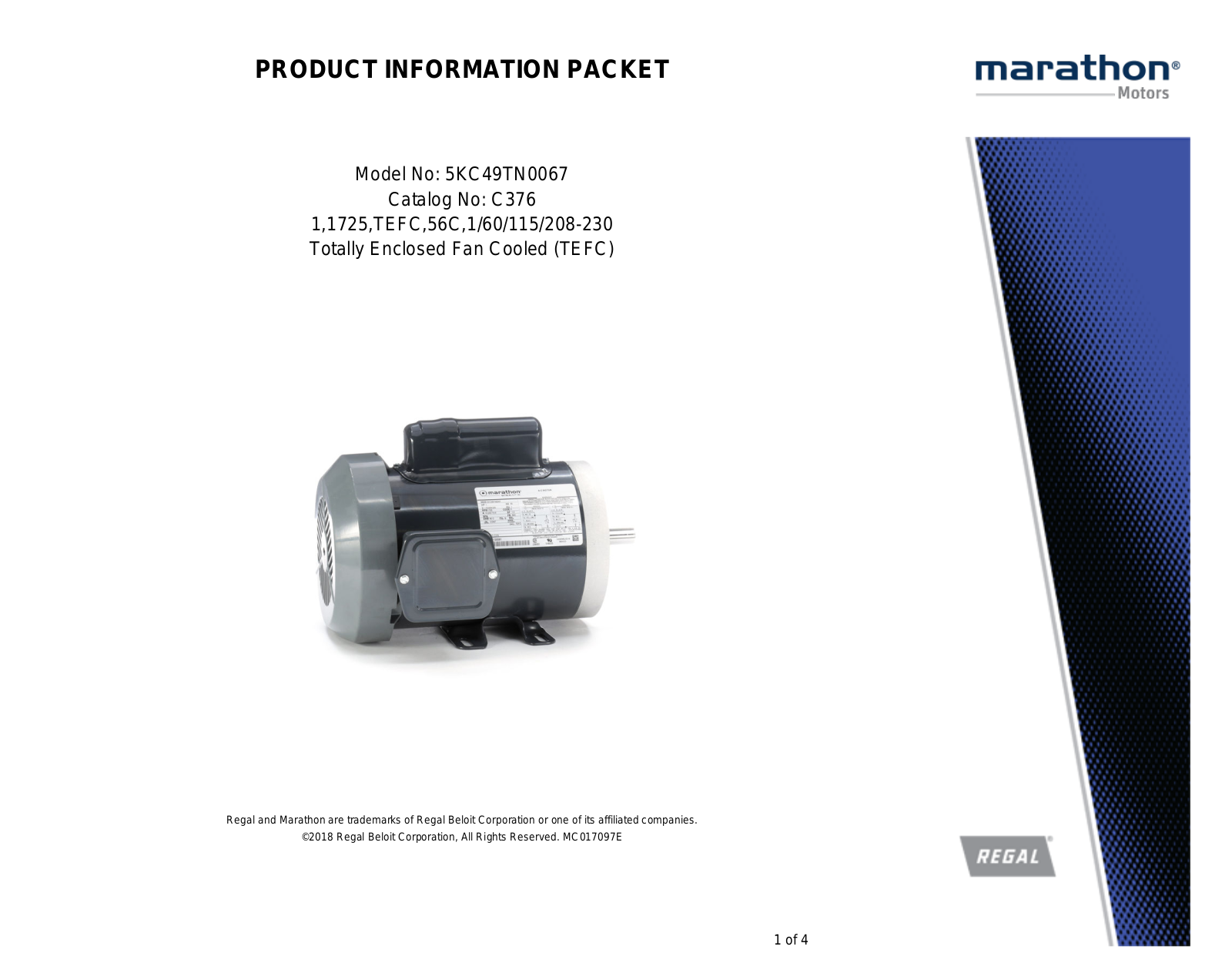 Marathon Electric 5KC49TN0067 Product Information Packet