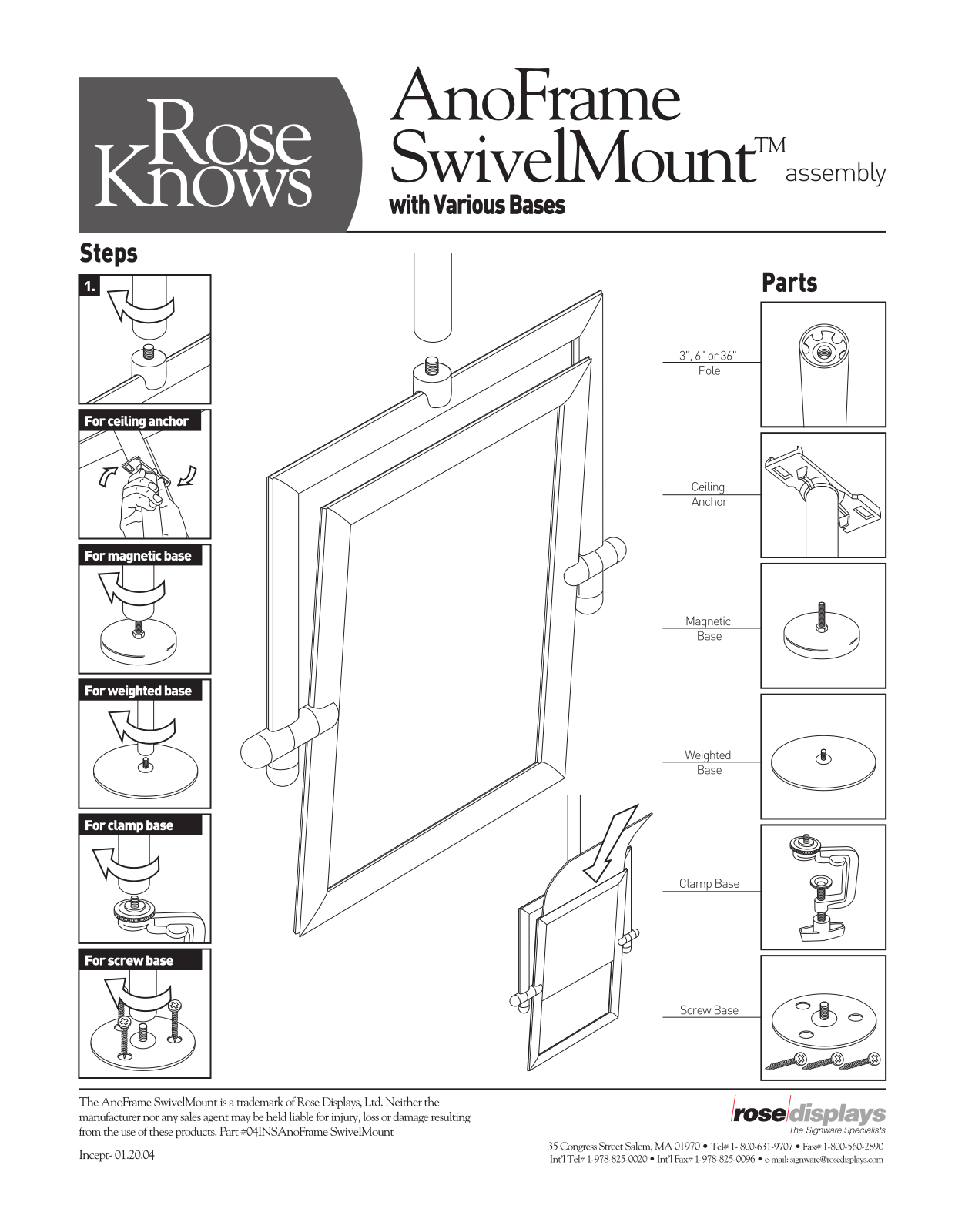 Rose displays ANOFRAME SWIVELMOUNT WITH VARIOUS BASES User Manual