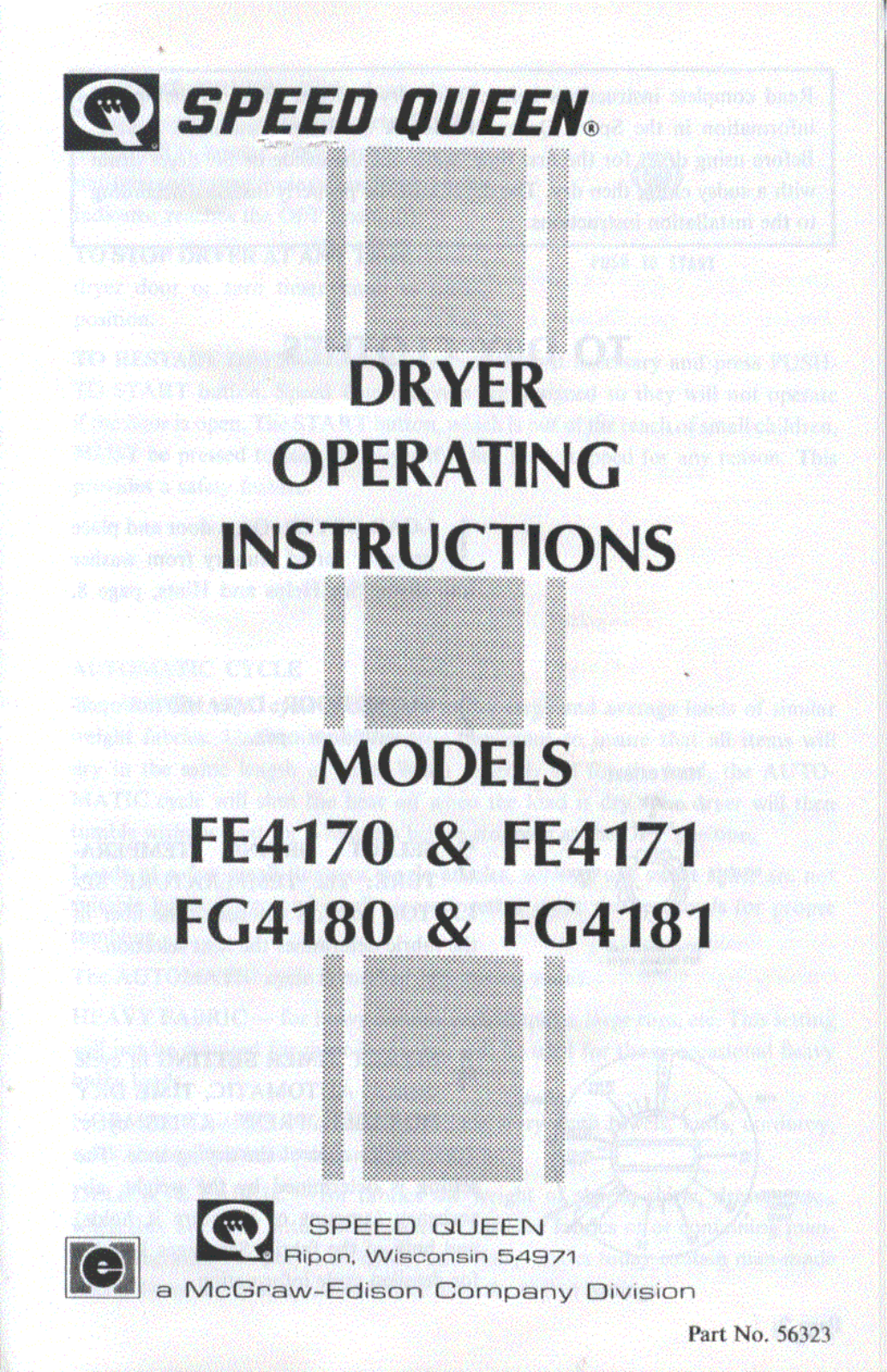 Speed Queen FE4170, FE4171, FG4180, FG4181 Owner's Manual