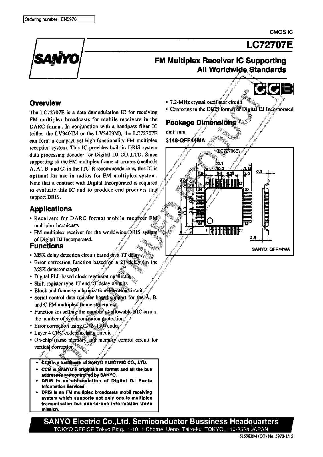 Sanyo LC72707E Specifications