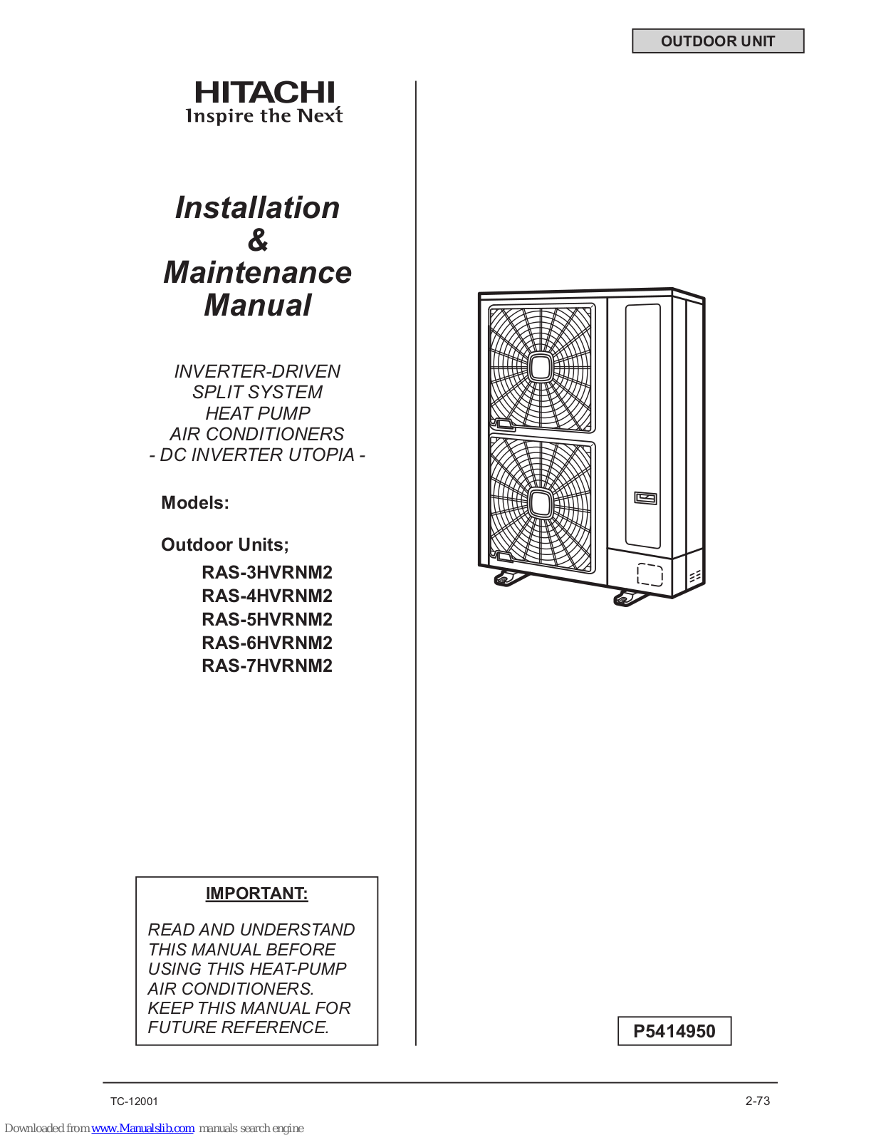 Hitachi RAS-3HVRNM2, RAS-5HVRNM2, RAS-6HVRNM2, RAS-7HVRNM2, RAS-4HVRNM2 Installation & Maintenance Manual