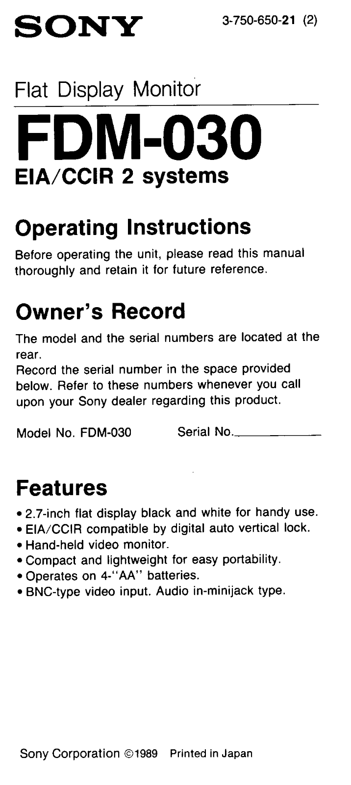 Sony FDM030 Operating Manual