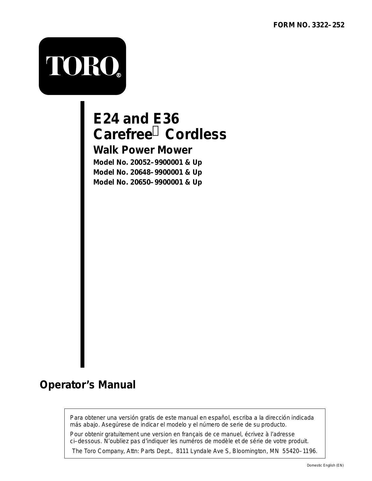 Toro 20648, 20650, Carefree E24, Carefree E36 Operator's Manual