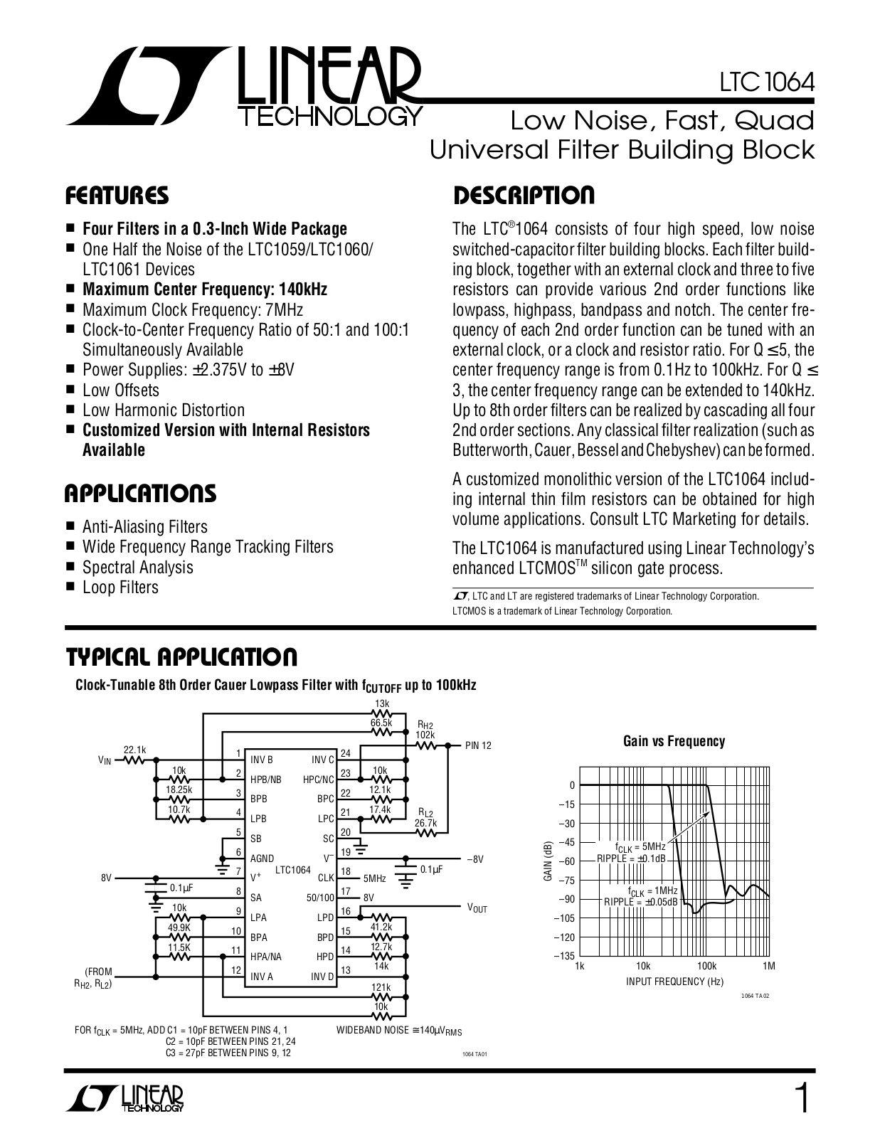 Linear Technology LTC1064, LTC1064ACJ, LTC1064MJ, LTC1064CS, LTC1064CN Datasheet