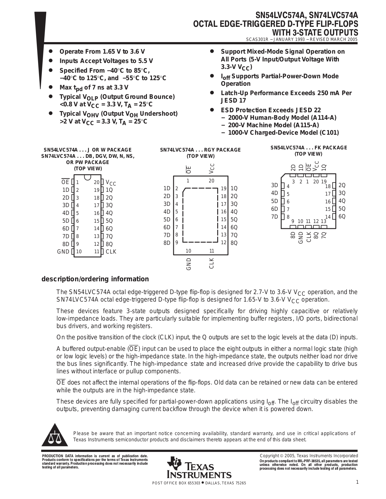 TEXAS INSTRUMENTS SN54LVC574A, SN74LVC574A Technical data