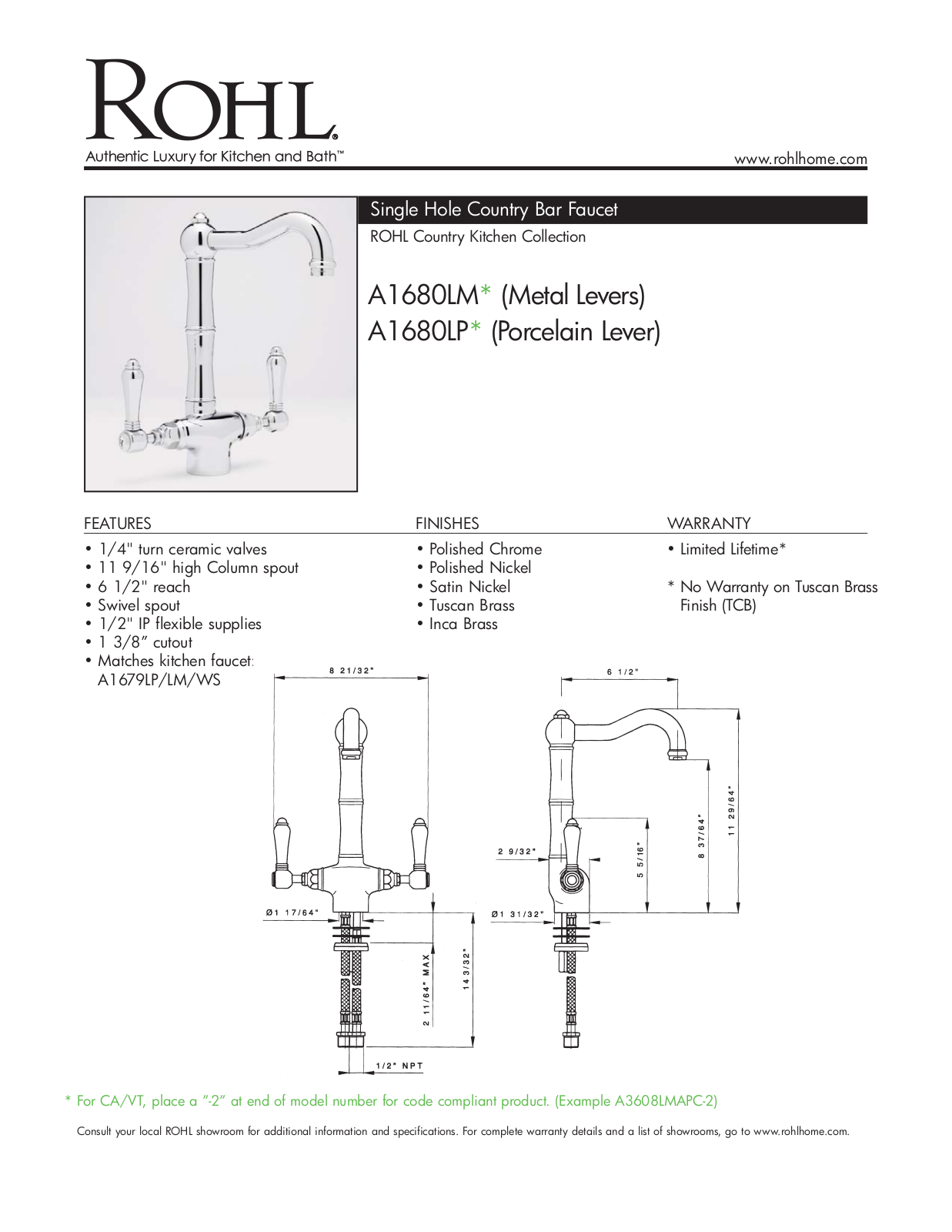 Rohl A1680LMPN2 Specs