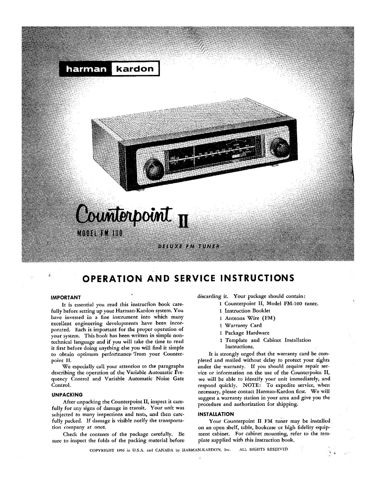 Harman-Kardon CONTERPOINT II FM 100 User Manual