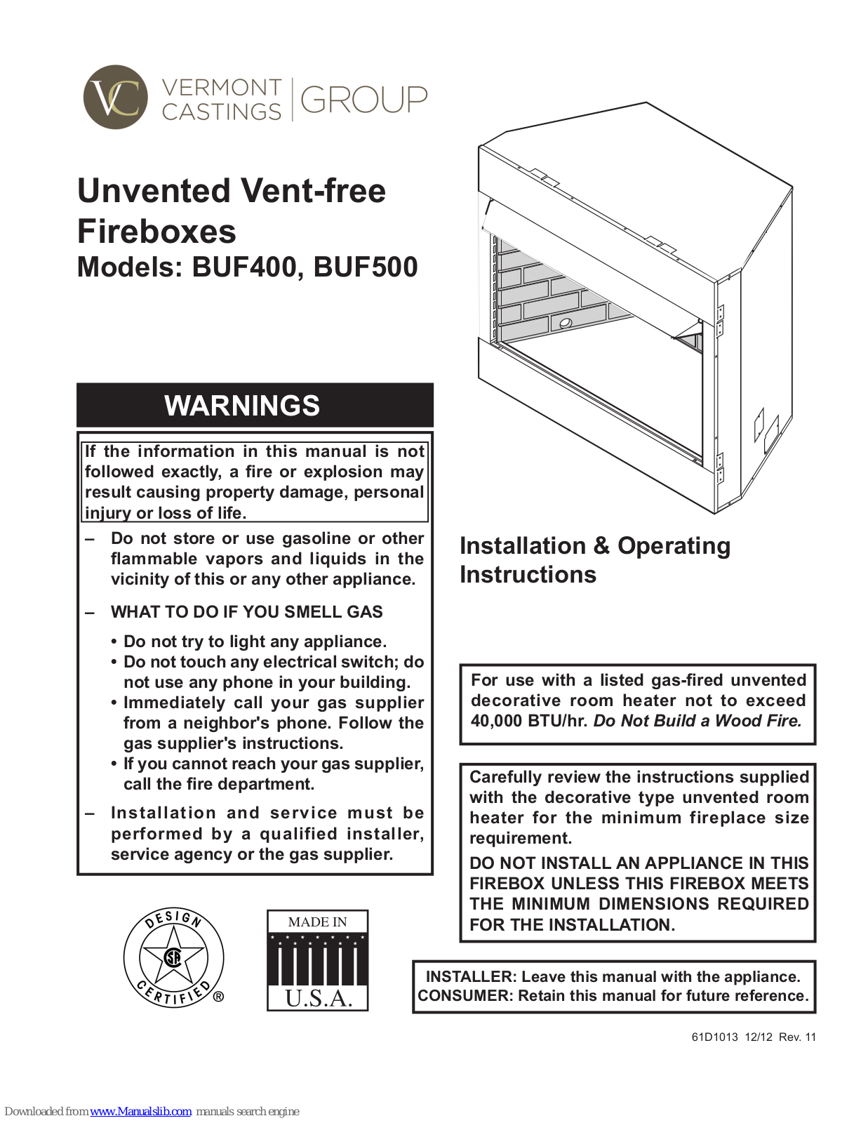 Vermont Castings BUF400, BUF500 Installation & Operating Instruction