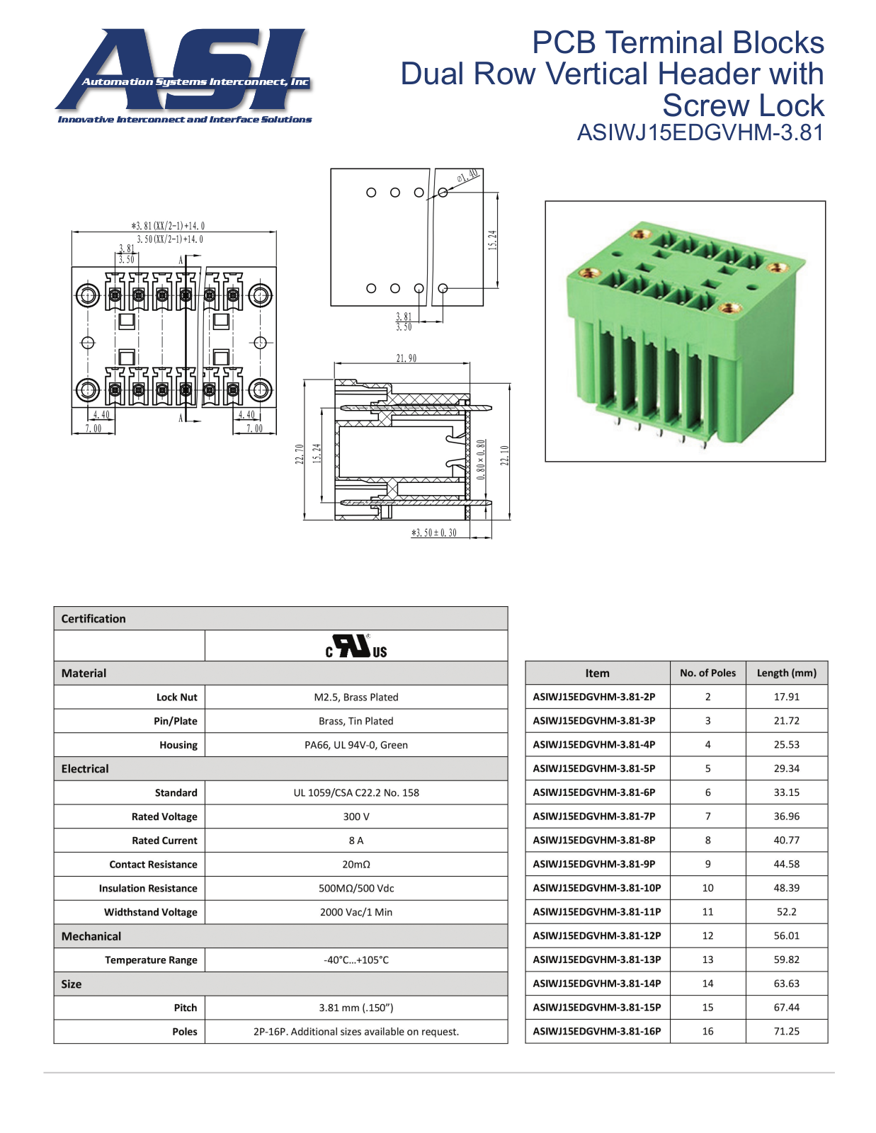 ASI-Automation Systems Interconnect ASIWJ15EDGVHM-3.81 Data Sheet