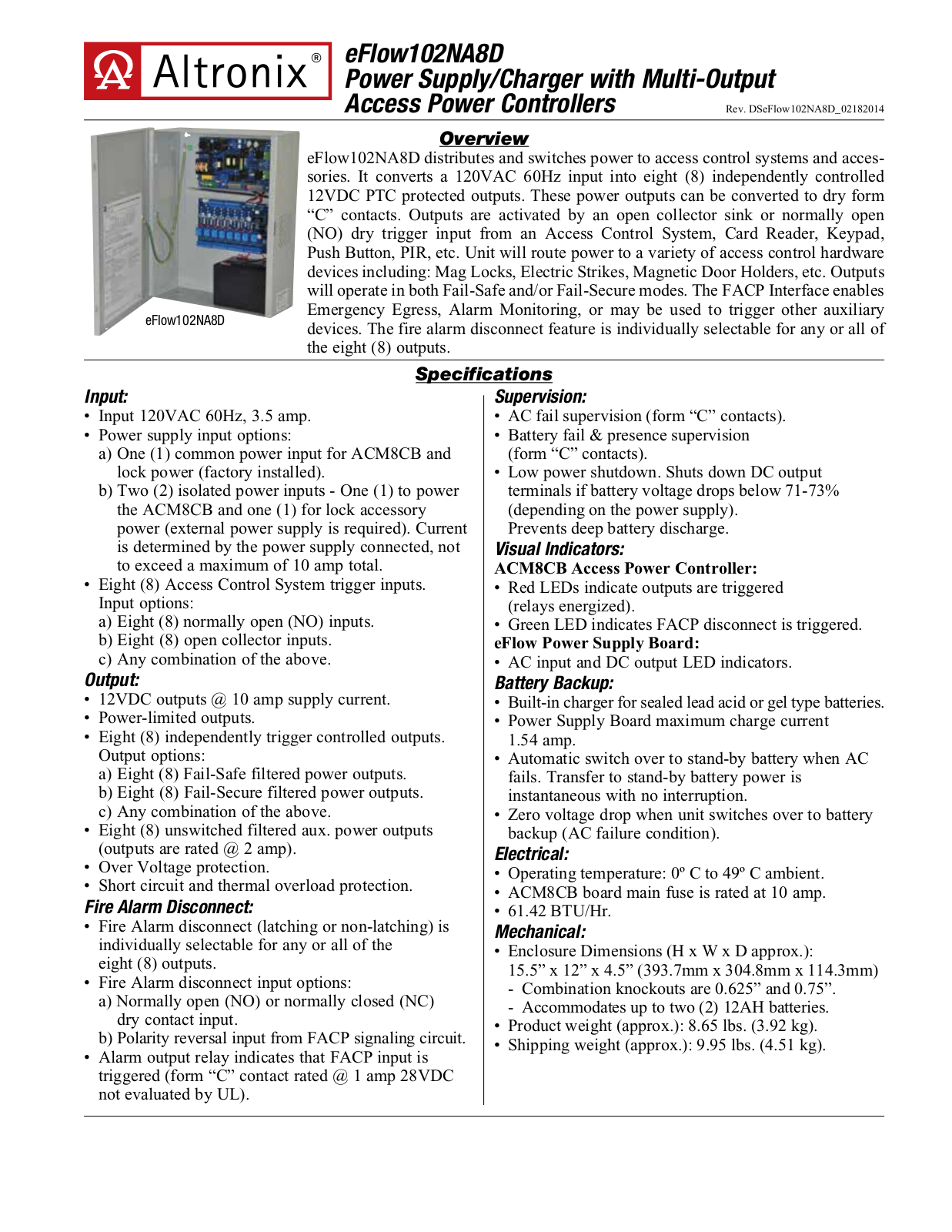 Altronix EFLOW102NA8D Specsheet