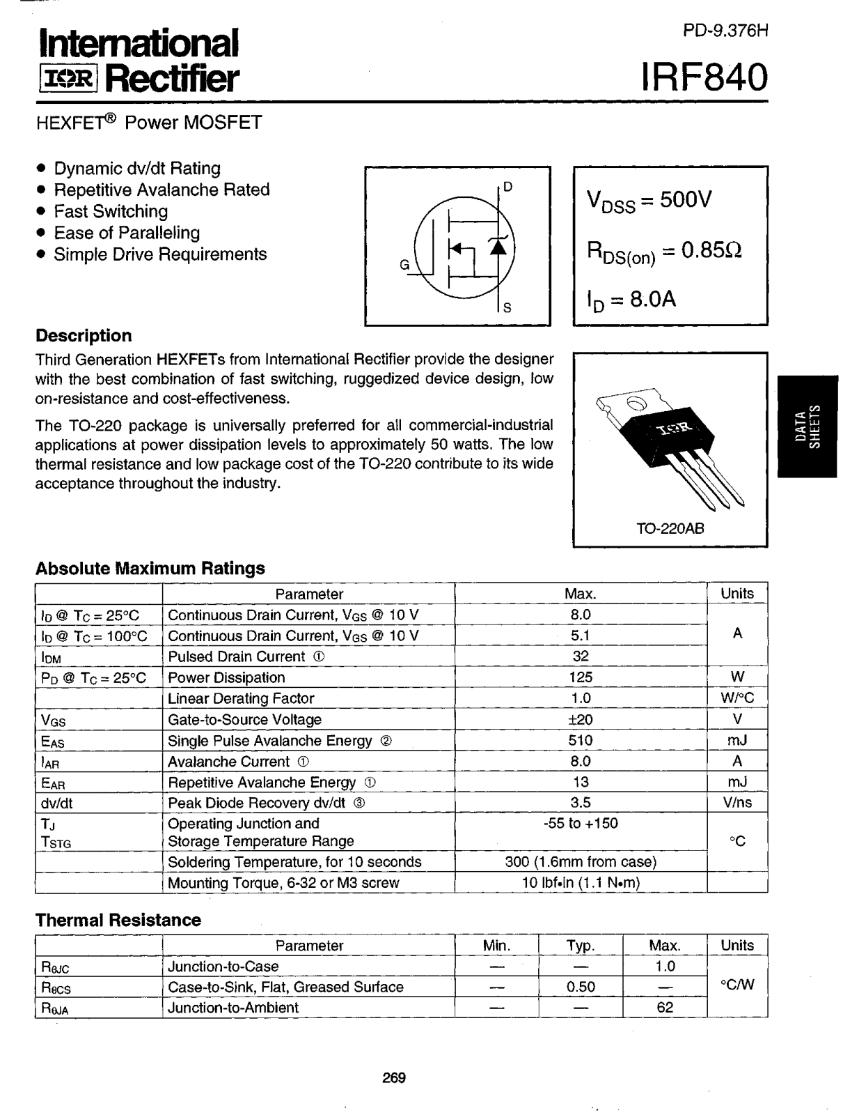 International Rectifier IRF840 Datasheet