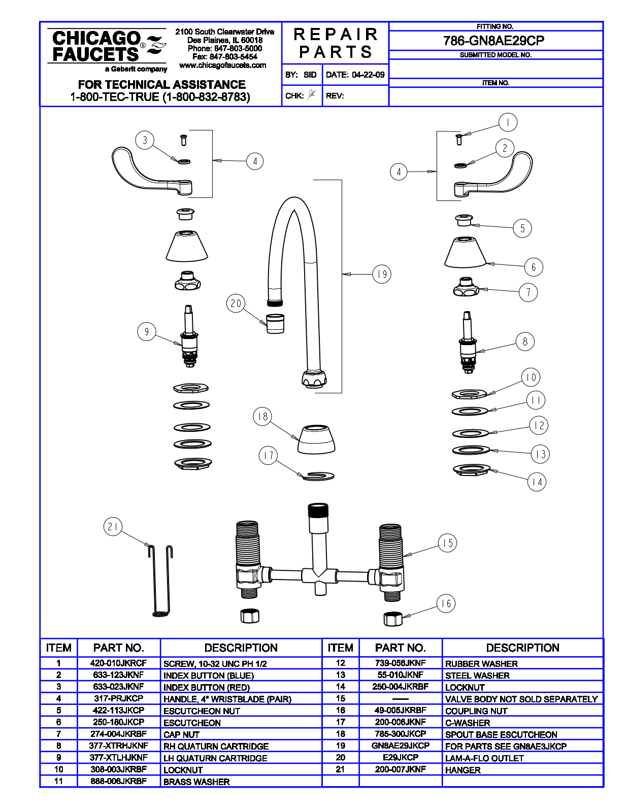 Chicago Faucet 786-GN8AE29CP Parts List