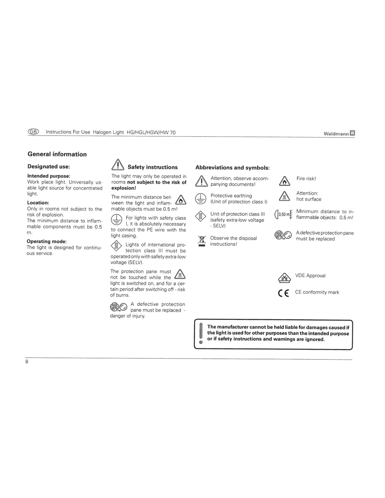 Waldmann HALOGEN LIGHT Instruction Manual