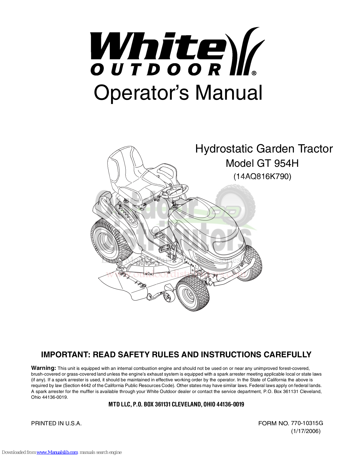 White Outdoor GT 954H Operator's Manual