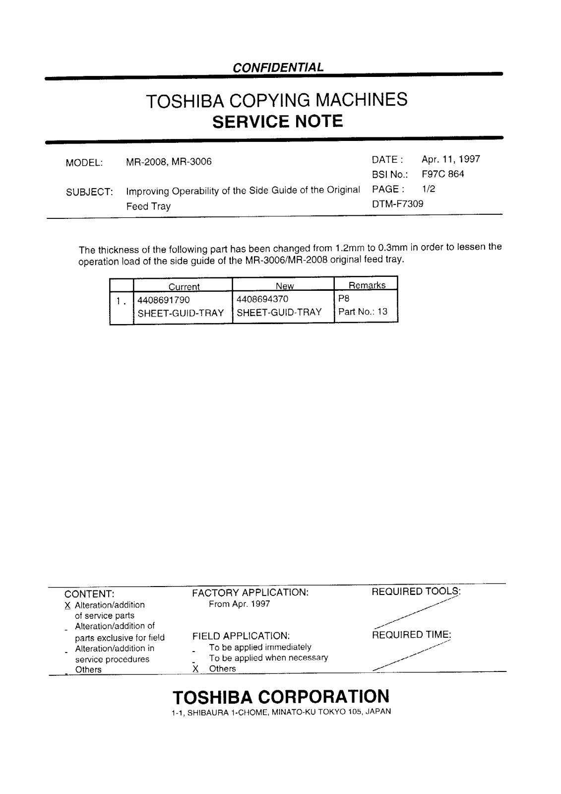 Toshiba f97c864 Service Note