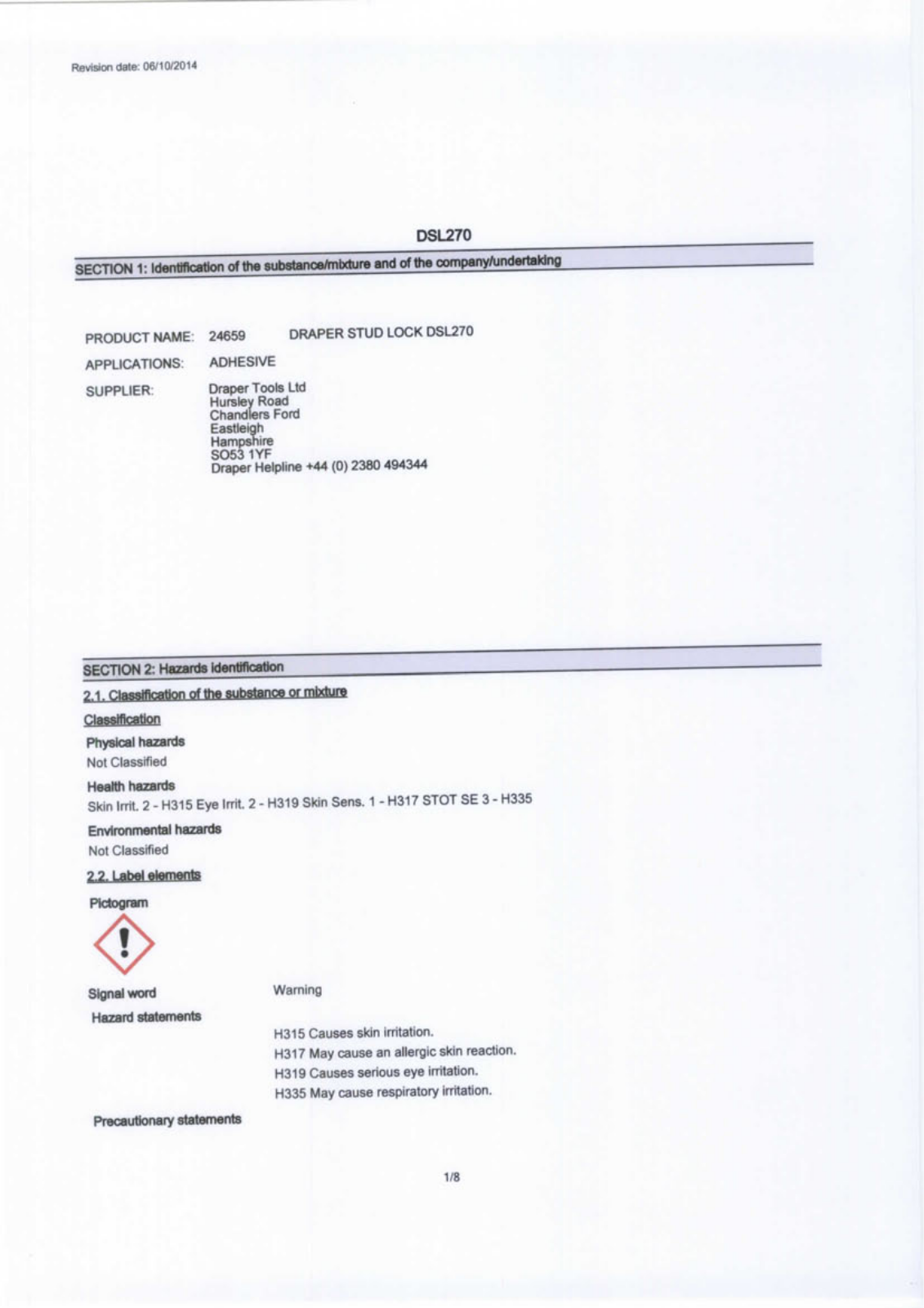 Draper D270 Data Sheet