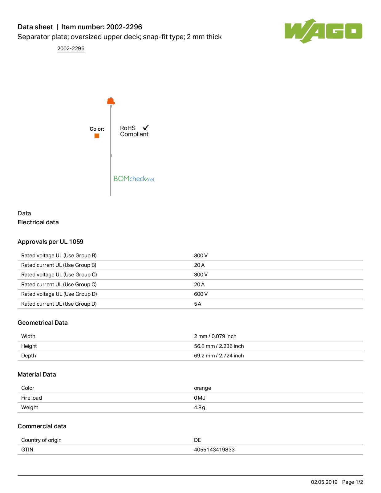 Wago 2002-2296 Data Sheet