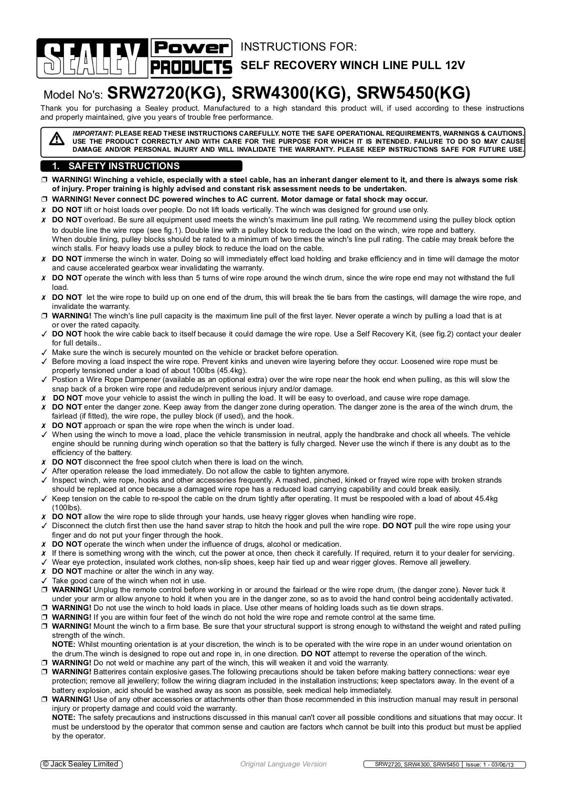 Sealey SRW2720,SRW5450,SRW4300 Instructions Manual