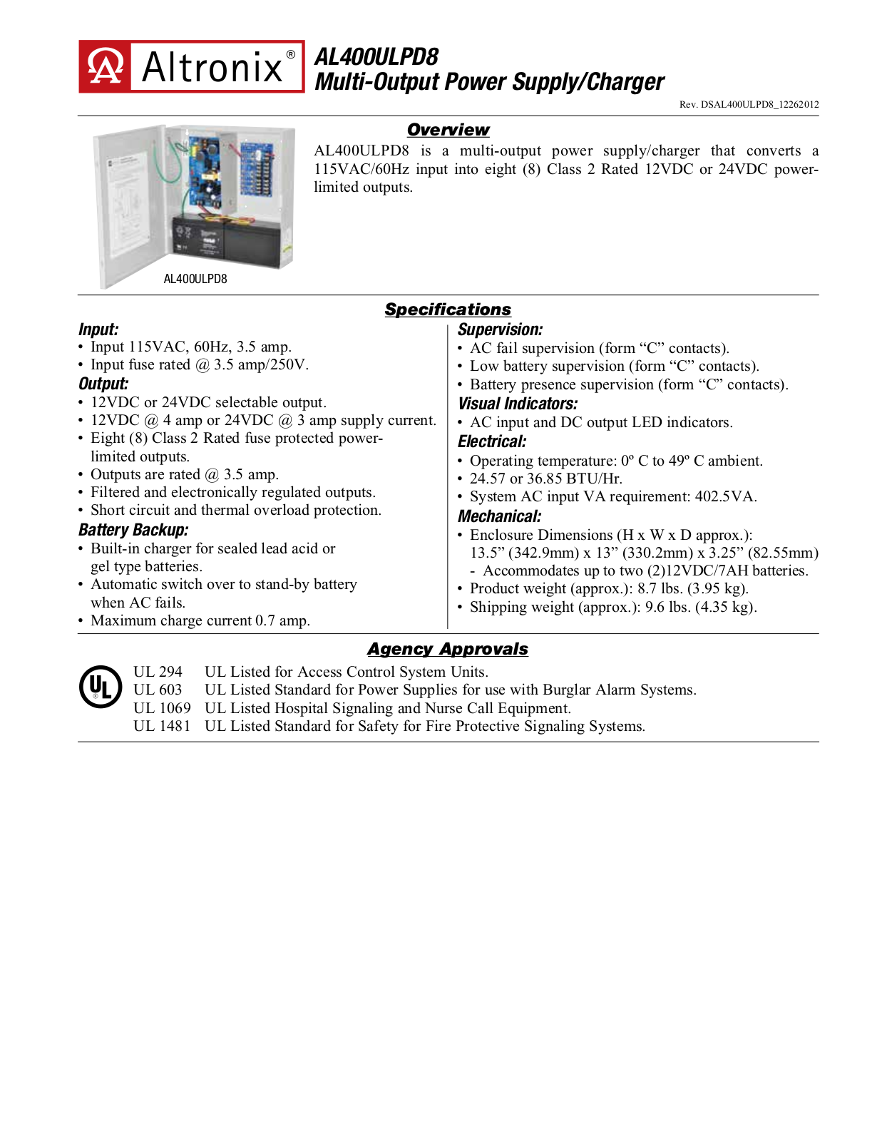 Altronix AL400ULPD8 Specsheet