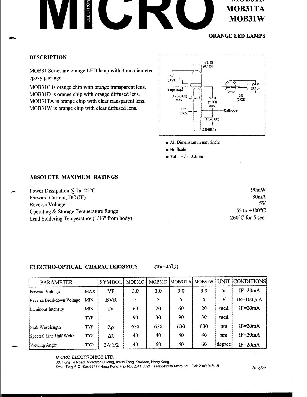 MICRO MOB31W, MOB31TA, MOB31D, MOB31C Datasheet