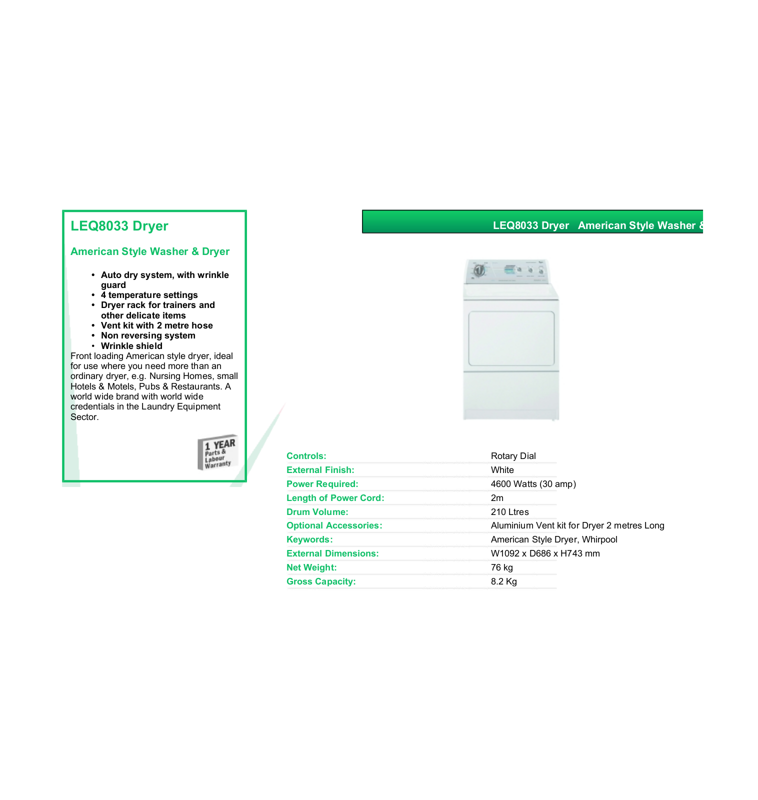 Valera LEQ8033 DRYER DATASHEET