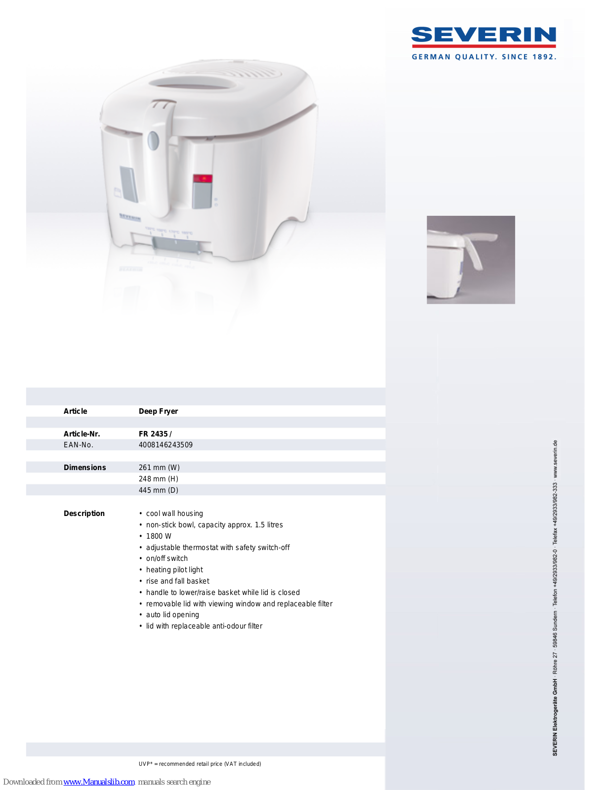 SEVERIN FR 2435,FR 2435 Dimensions