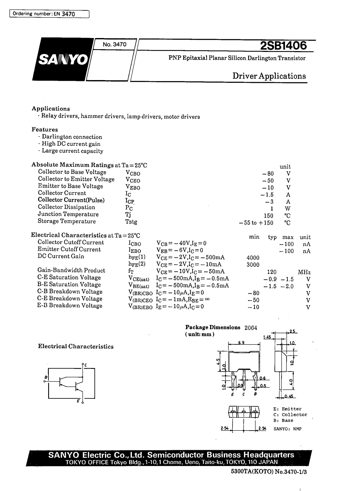 SANYO 2SB1406 Datasheet