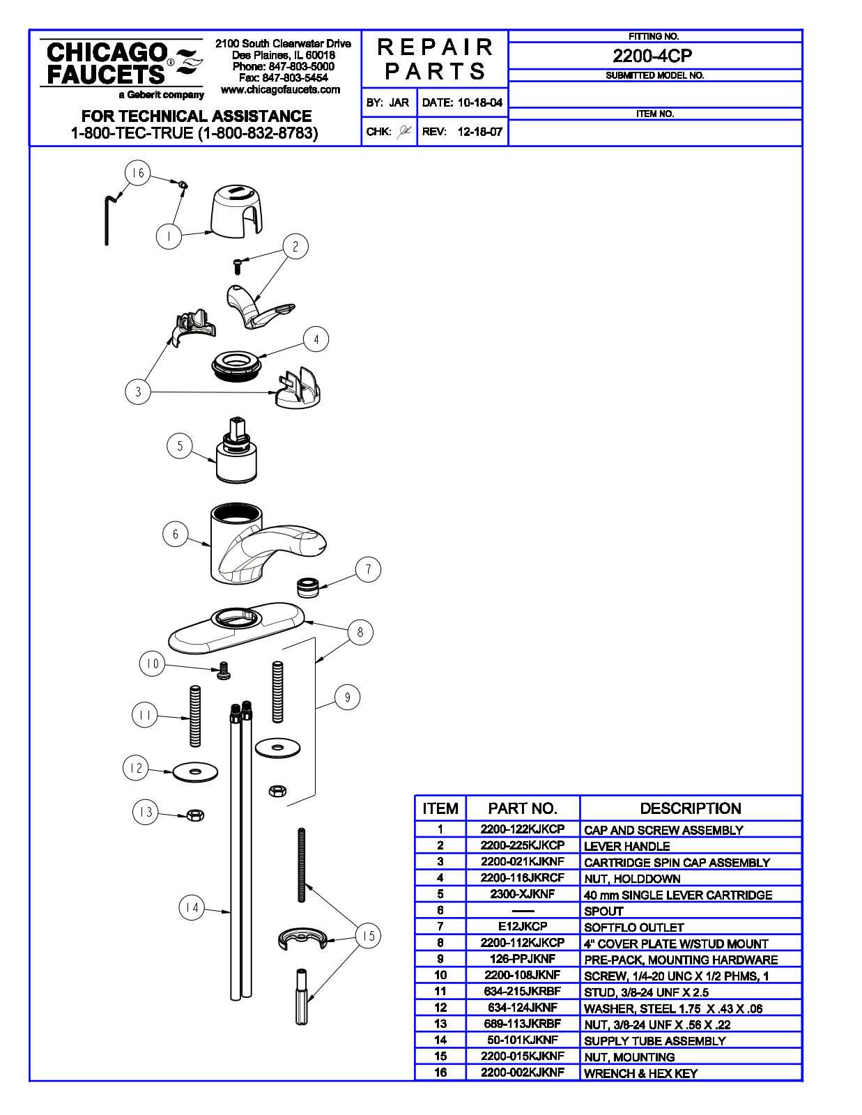 Chicago Faucet 2200-4 Parts List