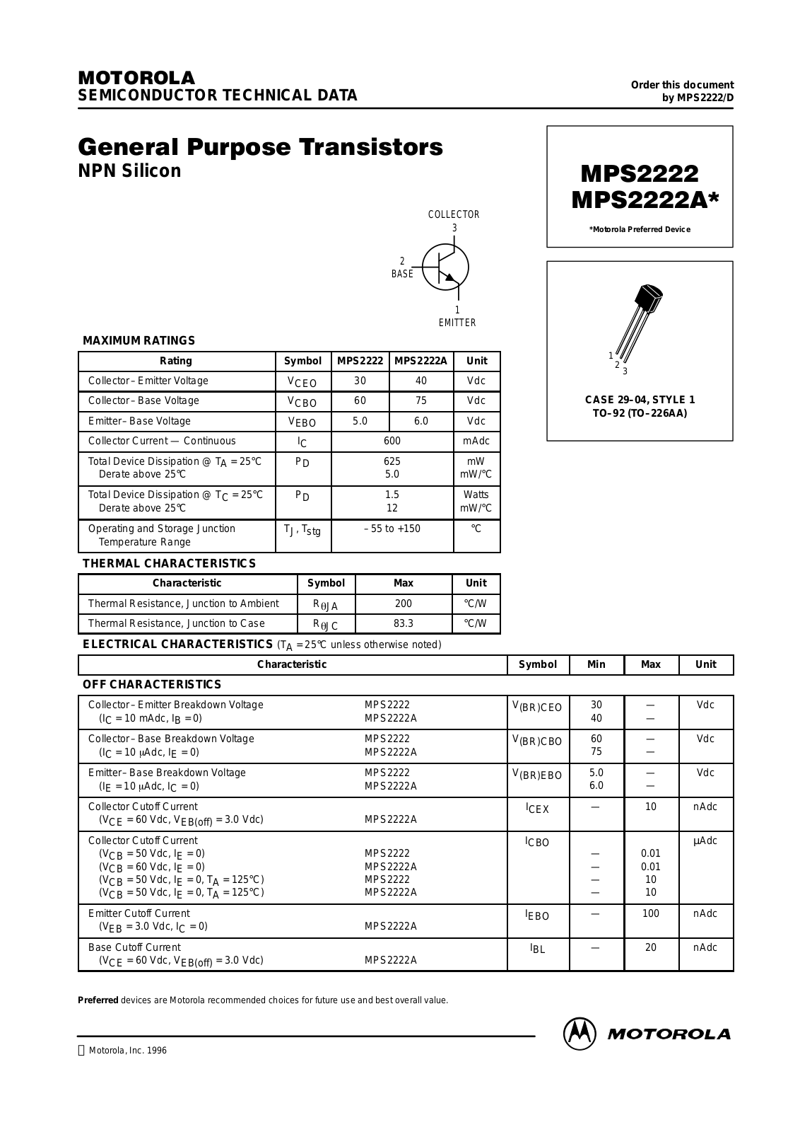 MOTOROLA MPS2222RLRP, MPS2222RLRA, MPS2222ARLRP, MPS2222ARLRA, MPS2222 Datasheet