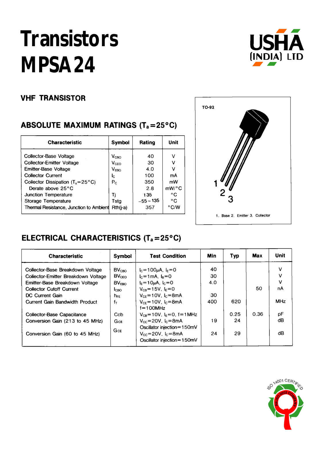 USHA MPSA24 Datasheet