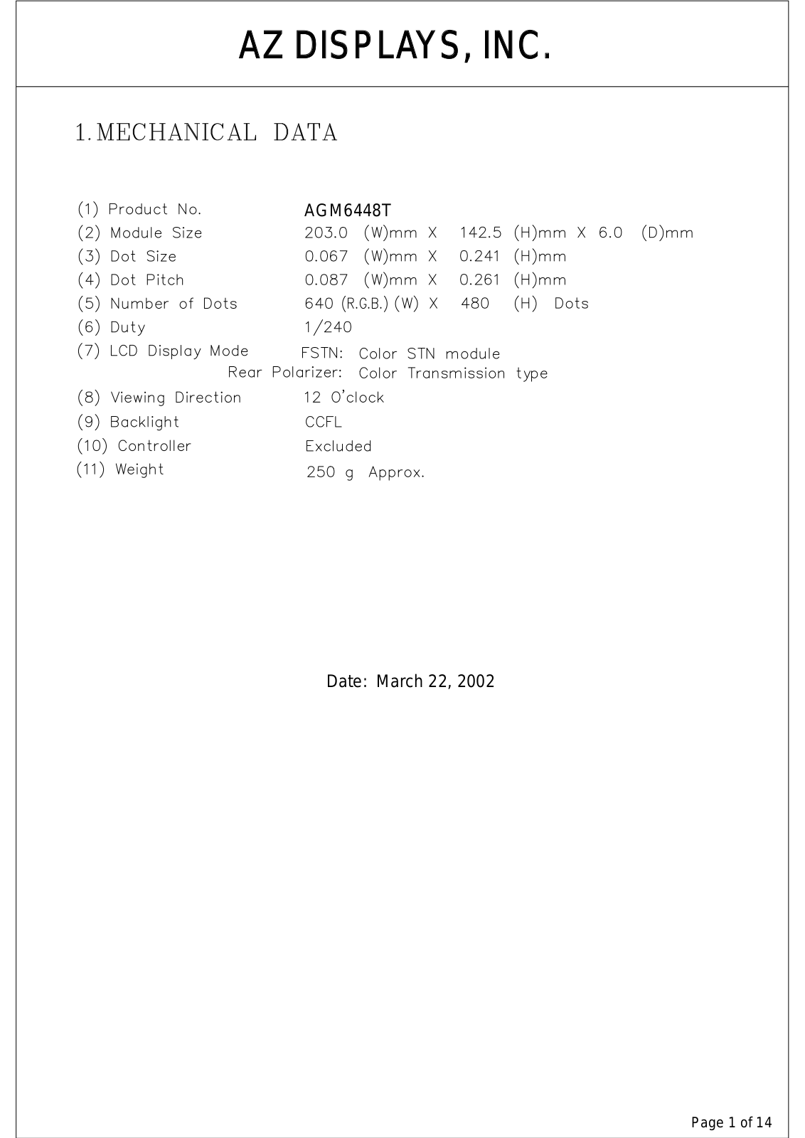 AZDIS AGM6448T-RC-FTS-T, AGM6448T-NC-FTS-T, AGM6448T-NC-FTD-T, AGM6448T-MC-FTS-T, AGM6448T-MC-FTD-T Datasheet