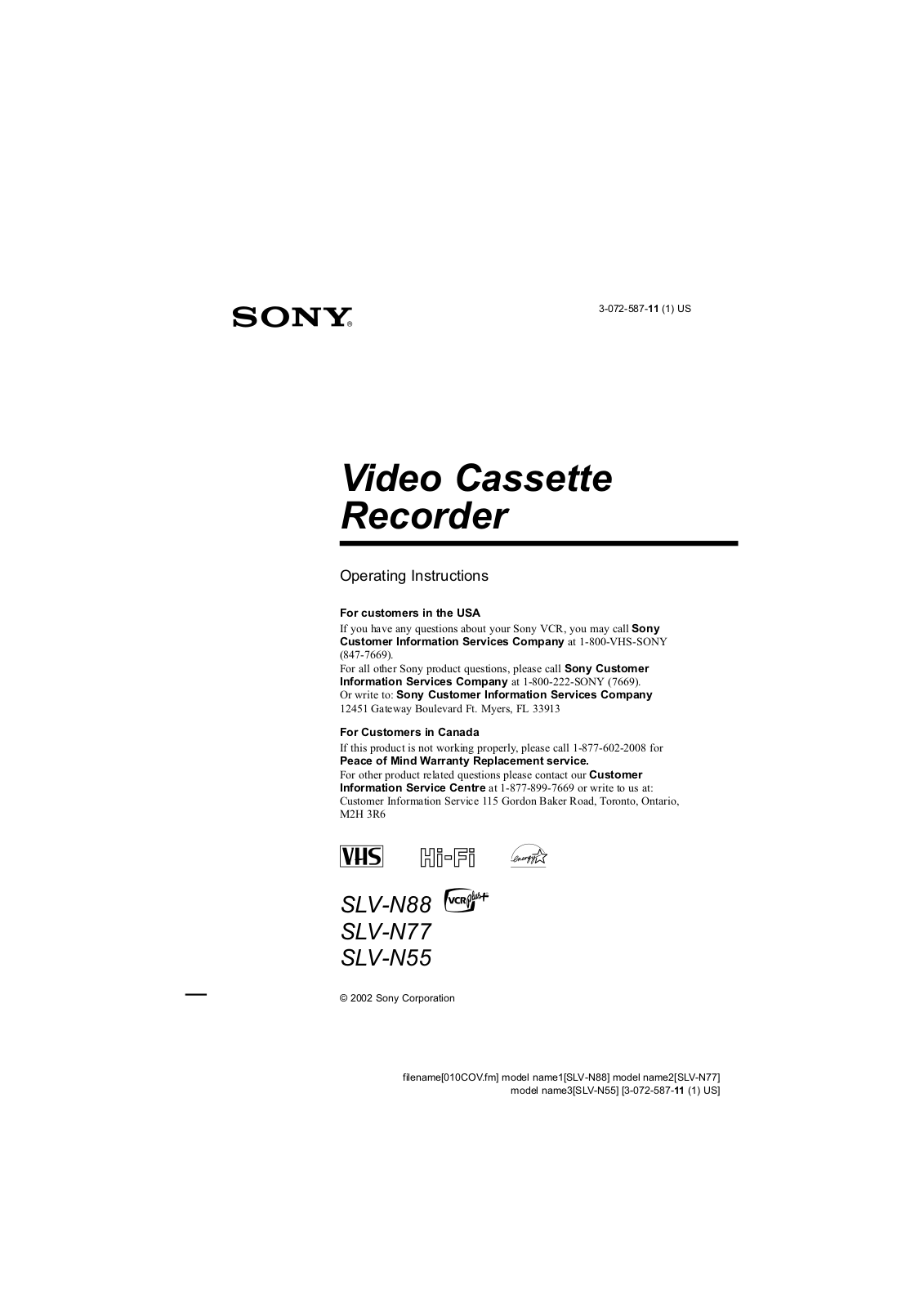 Sony SLV-N55 Operating Instruction