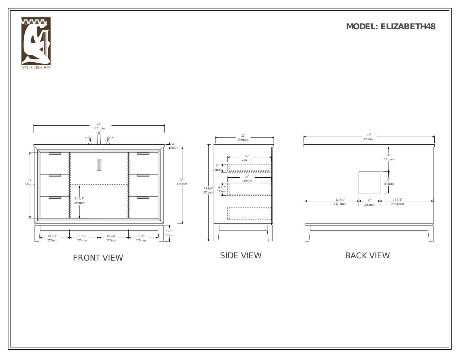 Water Creation VEL048CWMB33, VEL048CWPW43, VEL048CWCG00, VEL048CWCG12, VEL048CWCG08 Specifications