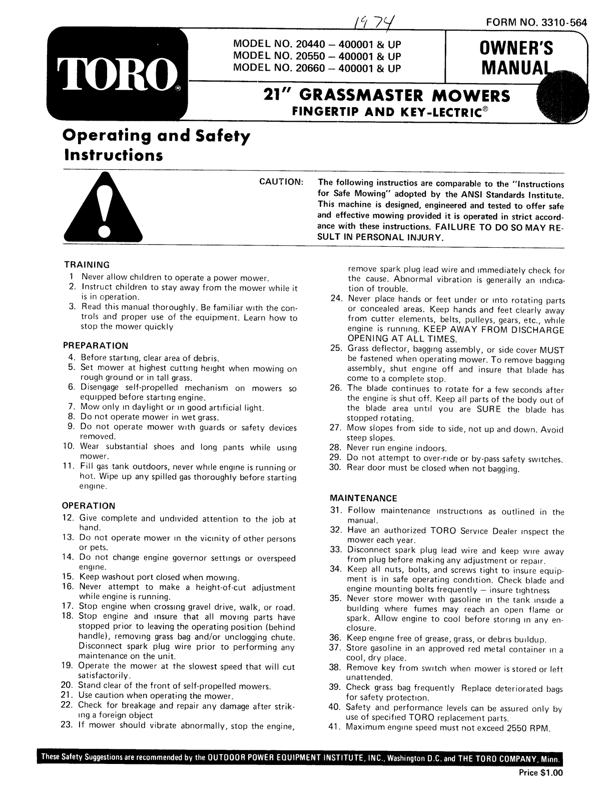 Toro 20440, 20550, 20660 Operator's Manual