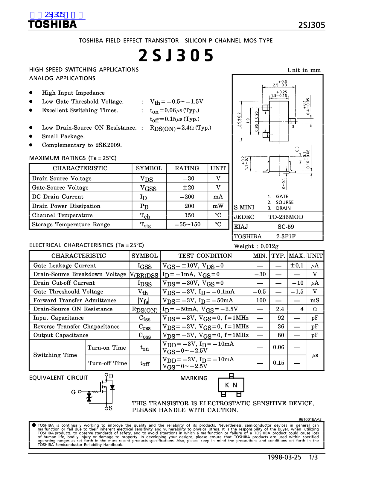 TOSHIBA 2SJ305 Technical data